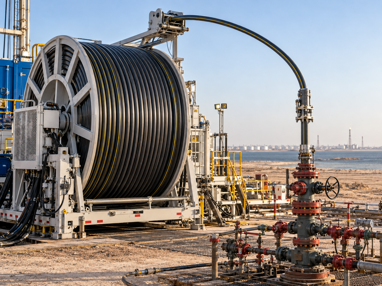 Concept image of a composite pipe reel at an oil well site