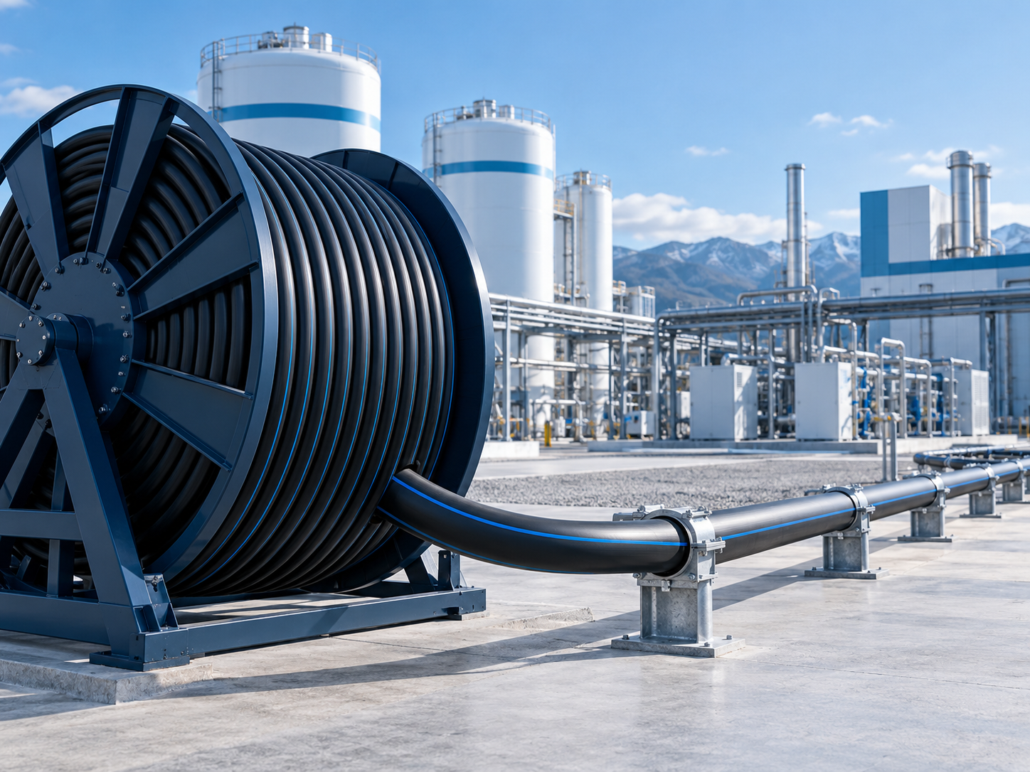 Concept image of a composite pipe reel at a hydrogen energy facility